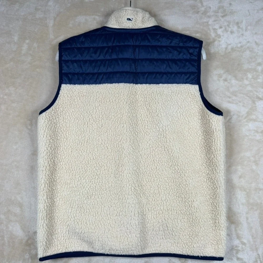 Vineyard Vines Boys XL 18 Sherpa Fleece Vest Navy Cream Quilted Colorblock Zip